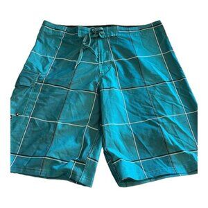 OP Ocean Pacific Teal Stripe Board Hybrid Shorts OP Flex 4-Way Size 34 EUC #0360